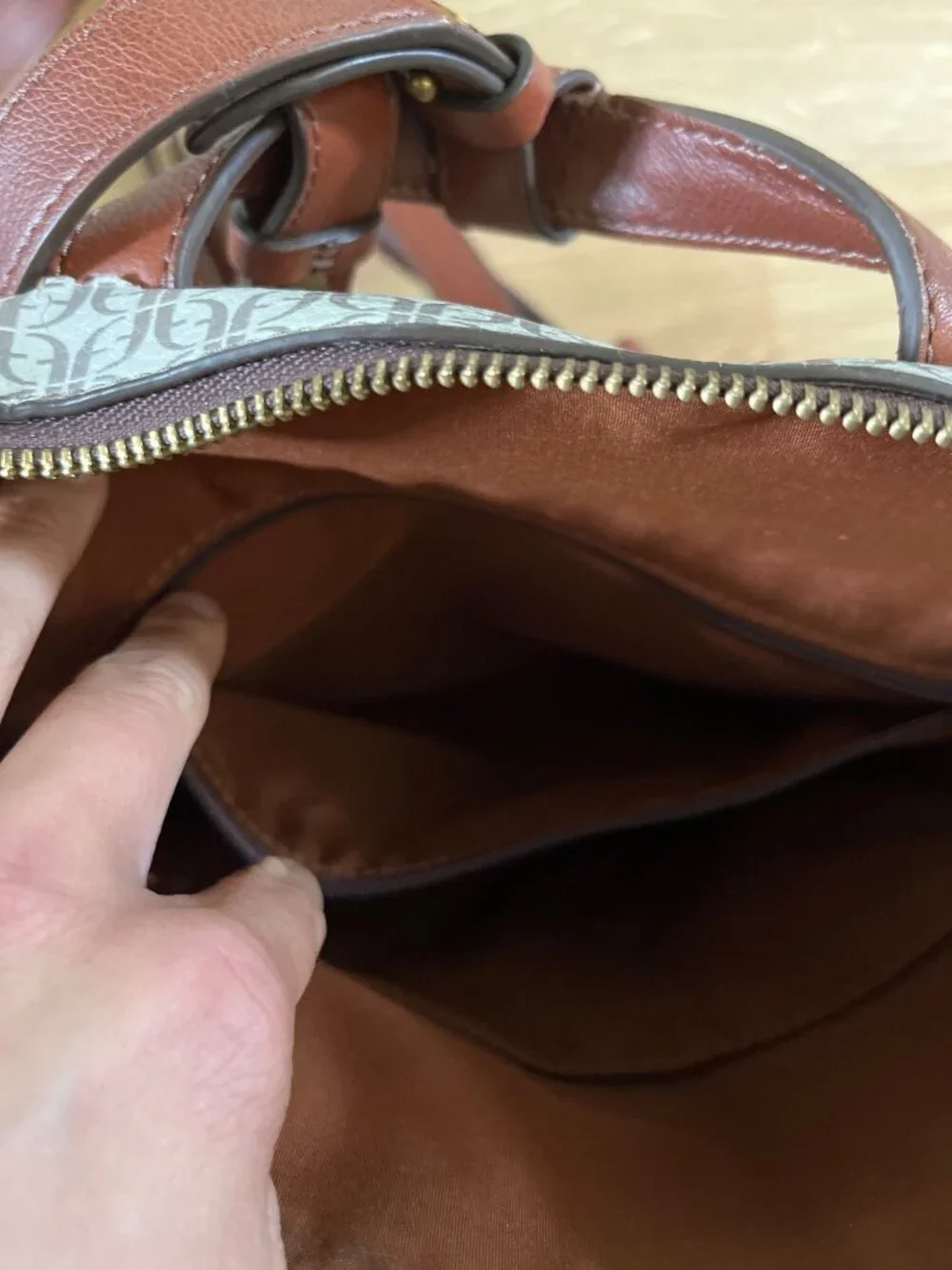 Fossil Elina Convertible Backpack Tan Cream Monogram Pattern With Floral Accents